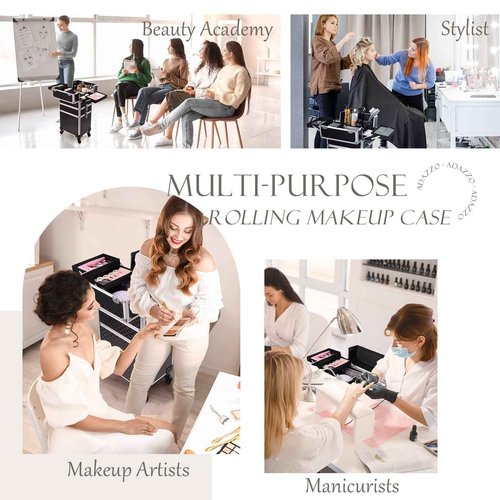 Adazzo 3 in 1 Professional Rolling Makeup Train Case Aluminum Trolley Case with 360° Rotation Wheels for Makuep Artist Cosmetic Suitcase Organizer with Lock and Key Diamond Pattern - Black