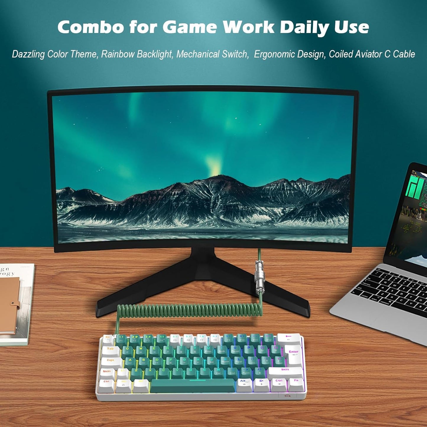 ZIYOU LANG RK-T60 Wired Mechanical Gaming Keyboard and Mouse Combo Portable with Rainbow Backlit 62Key NKRO 6400DPI RGB Honeycomb Mice Coiled Aviator Cable for PS4/PC/WIN Gamer(Light Gray/Red Switch)