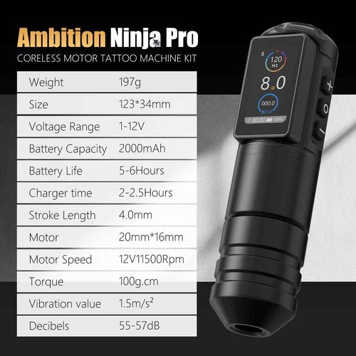 Ambition Ninja Pro Tattoo Machine with Coreless Motor - Rotary Cartridge Tattoo Pen with 2000mAh Power Supply for Professionals and Beginners Tattoo Artists