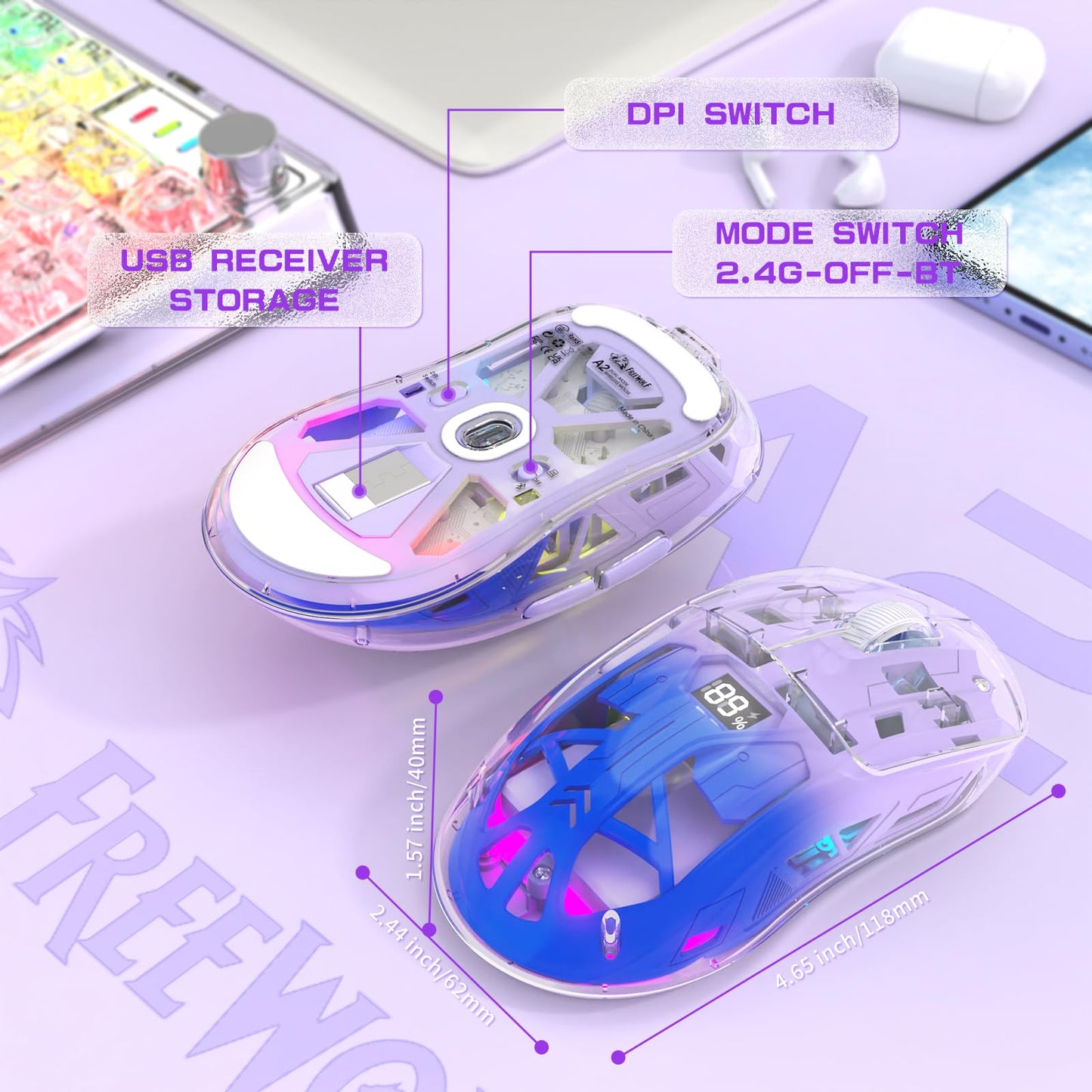 ZIYOU LANG A2 Transparent Wireless Gaming Mouse with Battery Level Display,Bluetooth/2.4G Wireless PC Mice,3D RGB Backlit,5 Million Clicks,PixArt 3212,up to 4000 DPI for Win/MAC,Purple