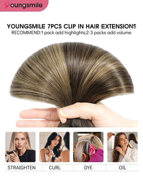 Youngsmile Balayage Clip in Hair Extensions Human Hair 14 Inch Real Human Hair Extensions Clip in Darkest Brown Fading to Brown With Ash Blond 7 Pcs 140 Gram (7C#2/6/18-14Inch)
