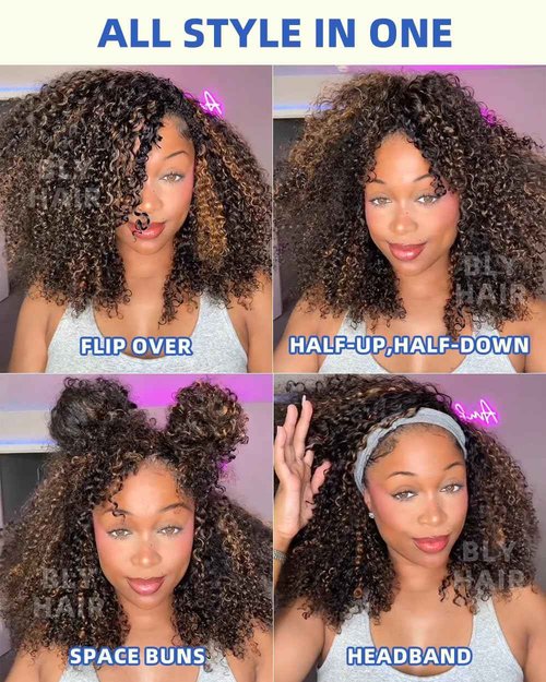 BLY Highlight Water Wave Half Wig Human Hair 3 in 1 Glueless Drawstring Flip Over Wear Go Wig for Women 1B 30 Color 180 Density Short Bob Wigs 12 Inch