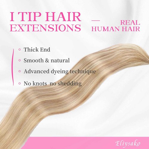 Eliysako I Tip Hair Extensions Human Hair Blonde Itip hair Golden Brown Mix Bleach Blonde 18inch 50g/pack Itip Human Hair Extensions Real Soft Nature Cold Fusion For Women
