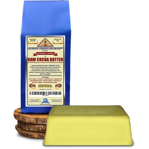 ANCIENT HEALTH REMEDIES Organic Unrefined Raw NATURAL COCOA (CACAO) BUTTER BLOCK Bulk Size Rich Chocolate Aroma For Lip Balms DIY Base for Body Butter (16oz)