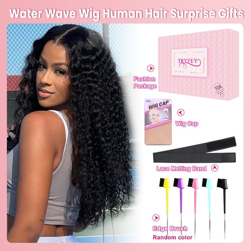 Tryfey Human Hair Water Wave Lace Front Wigs 13x4 HD Transparent Swiss Lace 180% Density Black 22inch