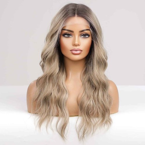 HAIRCUBE Long Ombre Ash Blonde with Highlight Lace Front Wigs for Women,Natural Wavy Middle Parting Synthetic Wigs Lace Wigs
