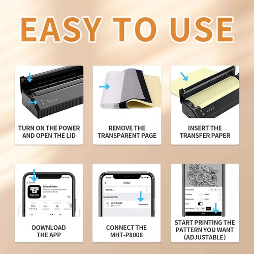 Meihengtong Tattoo Stencil Printer Bluetooth Thermal Wireless Portable Tattoo Stencil Transfer Machine Copier with 10pcs Transfer Paper P8008 Compatible with Android, iOS & Windows