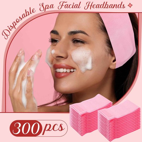 Juinte 300 Pieces Disposable Spa Facial Headbands Bulk Pink Stretch Non-woven Headband Soft Skin Care Hairband with Convenient Closure for Women Salons Esthetician Yoga Sport Supplies