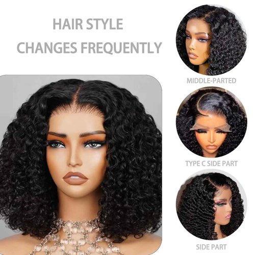 Short Bob Wigs Human Hair Deep Wave Bob Wig 200% Density 13x4 Deep Curly Virgin Remy Wigs Human Hair Pre Plucked Glueless HD Transparent Lace Frontal Natural Hairline Bob Wig for Women(12INCH)