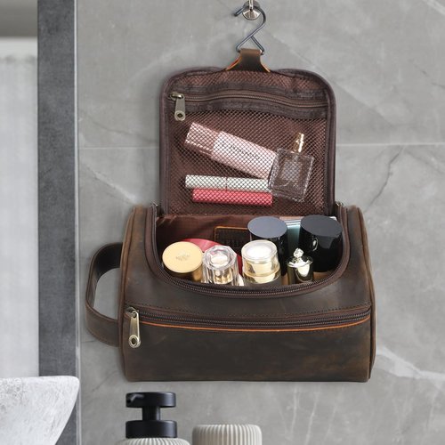 TIDING Mens Leather Hanging Toiletry Bag Travel Shaving Kit Portable Makeup Cosmetic Organizer Wash Case