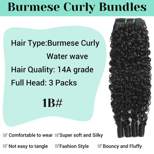 Burmese Curly Bundles Human Hair 14 16 18 Inches 100% Unprocessed Virgin Hair Quick Weave 3C4A Water Wave with Spiral Curly End Real Human Hair Weft Extensions For Black Women Natural Black