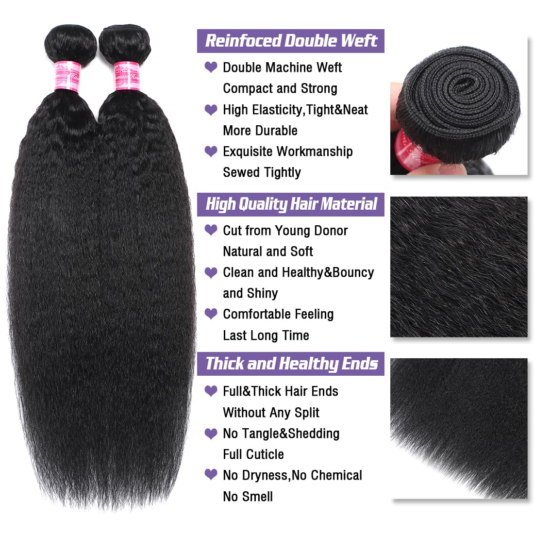 Kinky Straight Human Hair Bundles(14 16 18 Inch)100% Unprocessed Brazilian Virgin Human Hair 12A Yaki Straight 3 Bundles Hair Weft Sew In for Black Women Natural Color