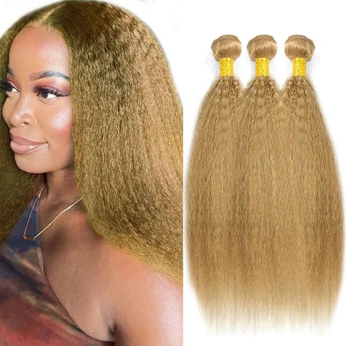 YOUNGHANN Human Hair Color 27 Yaki Straight Bundles Brazilian Honey Blonde Kinky Straight Bundles Unprocessed Virgin Hair 20 22 24 Inch