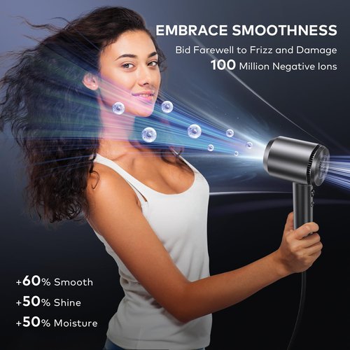 Hair Dryer with Diffuser: Gift for Women Men with 700 Million Hair Care Ions, 37m/s High Speed Blow Dryer with 160000 RPM, 1500W, 5 Heat & 2 Speed Setting, Low Noise Thermo-Control (Metallic Gray)