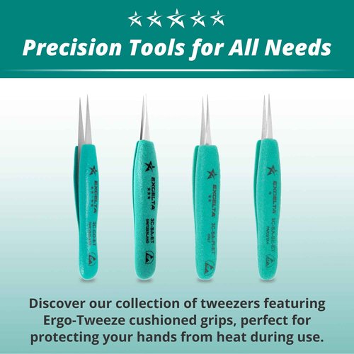 Excelta 3C-SA-ET Straight Very Fine Precision Pointed Tweezers, Ergo-Tweeze TealShield Soft Cushioned Grips, Anti-Magnetic Neverust Stainless Steel, 4.75” Long, Swiss Made, Professional