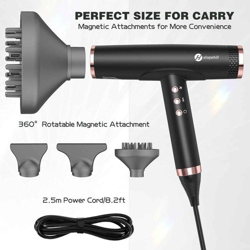 slopehill Professional Ionic Hair Dryer with Diffuser - Lightweight, Compact, Powerful & Fast Salon Blow Dryer with High Speed Brushless Motor for Travel, Women & Men (Ceramic, Black)
