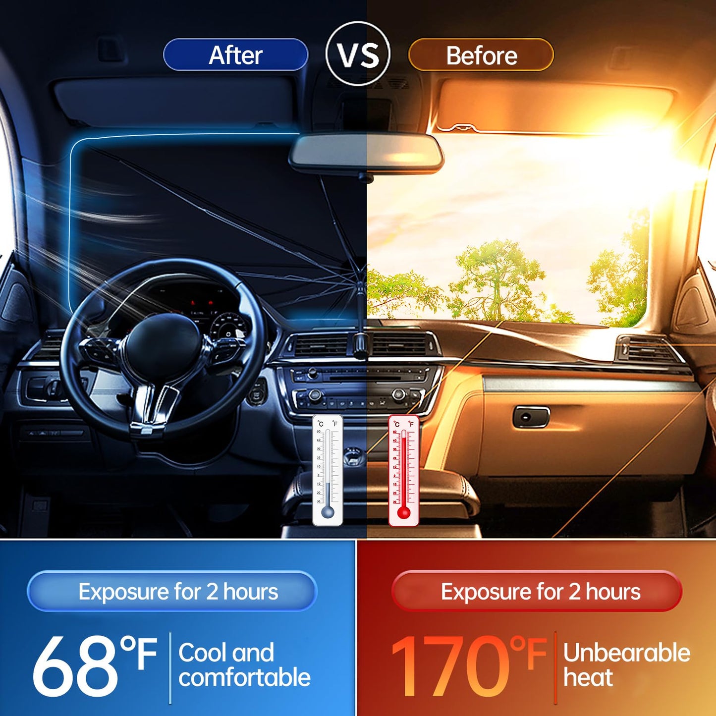 2025 Windshield Sun Shade Umbrella, Foldable Car Umbrella Sunshade with UV Block Car Front Window (Heat Insulation Protection) for Auto Windshield Covers Trucks Cars (Large)