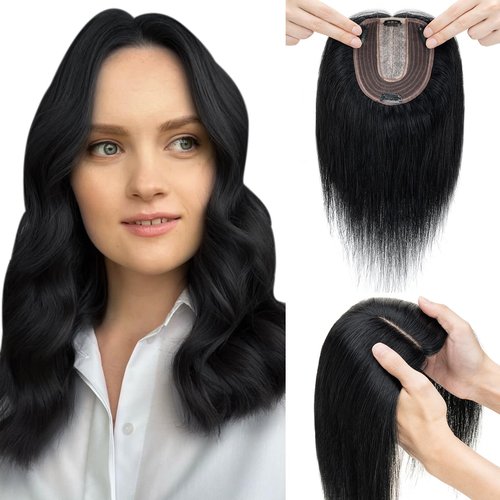 Elailite Human Hair Toppers for Women Real Human Hair Thin 4.7"x3.9" Silk Base Clip in Remy Hairpieces 10 Inch Jet Black