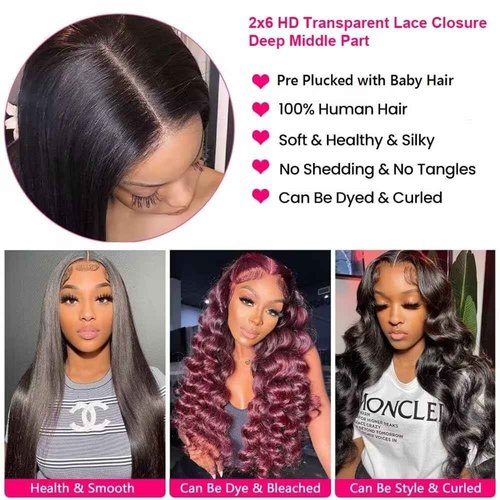 QIYING 2x6 HD Lace Closure with Bundles 18 20 22+16 Inch Straight Human Hair 100% Unprocessed Brazilian Virgin Weave Human Hair 3 Bundles Deals with Closure