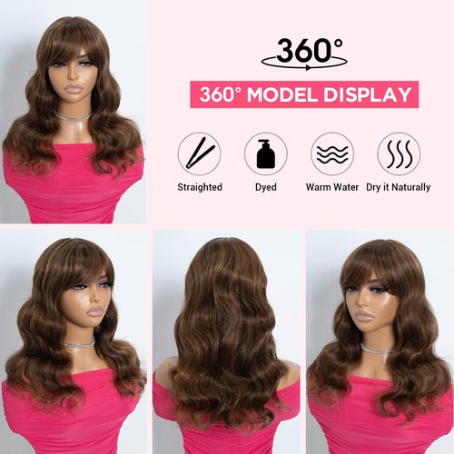 Rebecca Fashion 18 Inch Body Wave Wig with Bangs Human Hair Wigs for Black Women None Lace Front Wigs 10A Brazilian Virgin Hair Glueless Machine Made Wig Highlight Brown Blonde Color