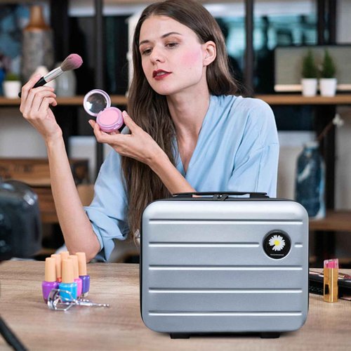 HAHONIA 16 inches Large Capacity Hard Shell Cosmetic Case with Zipper and Handle Makeup Travel Case for Women Girl Silver gray
