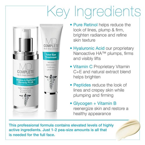 MD Complete Eye Wrinkle Duo | Professional Dermatologist Skin Rejuvenation | includes Wrinkle & Radiance Remedy PLUS with Retinol and Total Eye Treatment with Hyaluronic Acid and Peptides | Set of Two
