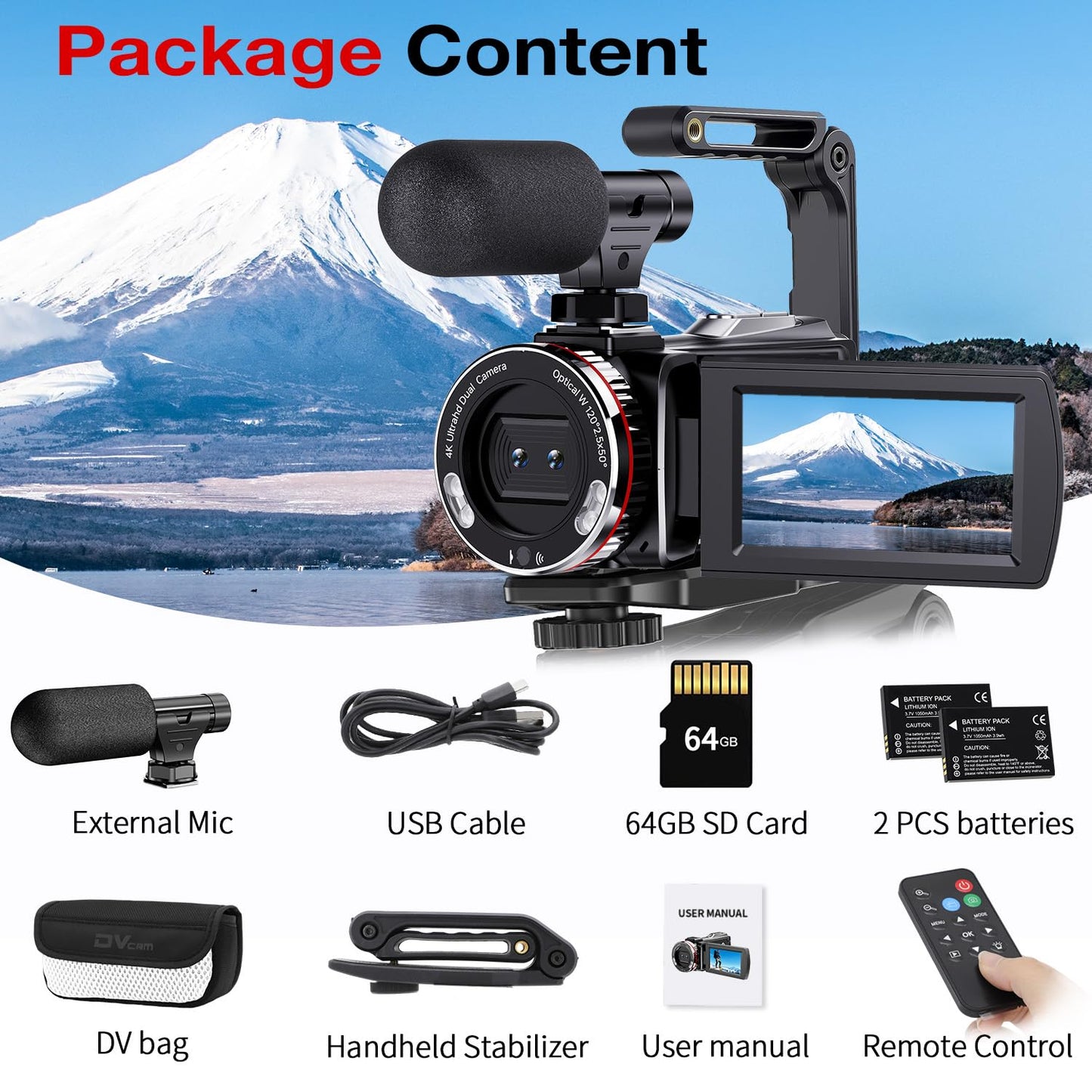 4K Video Camera Camcorder, 64MP UHD Vlogging Dual Camera for YouTube, 21X Digital Zoom IPS Screen Vlog Camera with External Microphone, Stabilizer, Remote, 2 Batteries, Remote, Memory Card