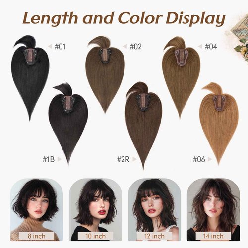 Rich Choices Real Human Hair Toppers for Women 3D Cover Clip in Bangs 100% Remy Human Clip in Silk Base Hair Topper with Bang for Thinning 150% Density 10 Inch #01 Jet Black