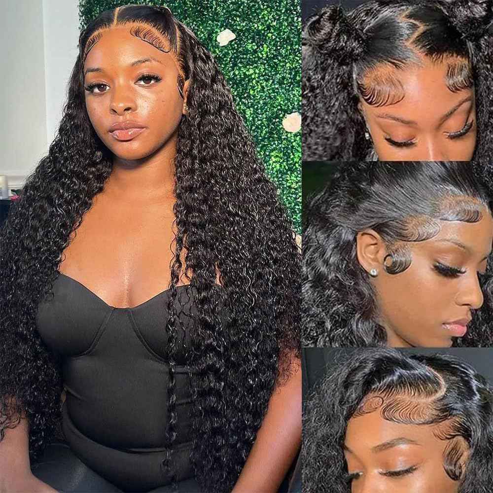 KRKRYQ 28 Inch 13x6 HD Transparent Lace Frontal Wigs Human Hair 200% Density Deep Wave Lace Front Wigs Human Hair Curly Human Hair Wigs for Women Pre Plucked with Baby Hair Natural Color