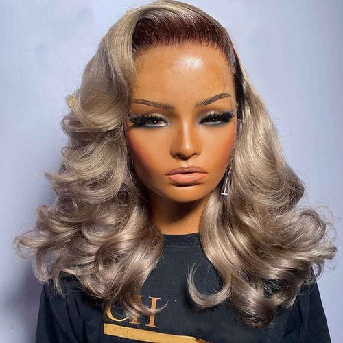 Ulaphence 200% Density Ombre Ash Blonde Lace Front Bob Wig Human Hair Body Wave 13x4 Thicker Ombre Brown Roots with Grey Ash Blonde Short Bob Wig Pre Plucked with Baby Hair for Women 14 Inch