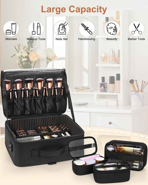 Relavel Large Makeup Bag with 3 Removable Pouches, Travel Train Case Cosmetic Organizer Carrying Box for Makeup Artists Hairstylist with Adjustable Dividers, Brush Holder and Shoulder Strap, Black