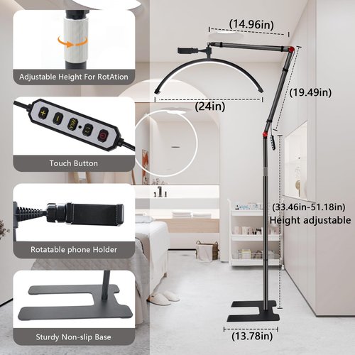 Half Moon Light,Lash Light for Eyelash Tech,24" Beauty Lamp for Eyelash Extensions,3 Color Temperature,360° Rotating Lights Head with Phone Holder,LED Esthetician Lights for Skincare Tattoo Eyebrows