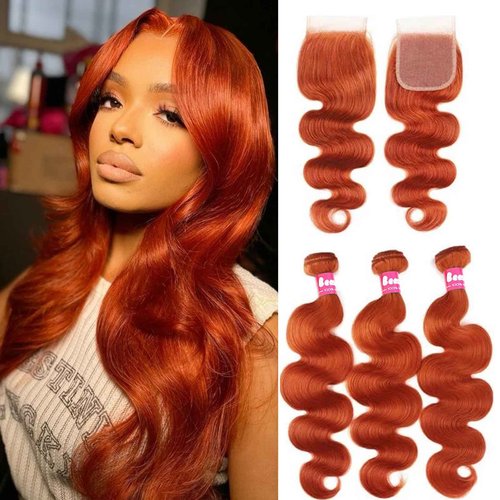 Beaushine 10A Brazilian Bundles with Closure Human Hair Body Wave Quick Weave Hair-14 16 18+14 inch, 350 Ginger Color Body Wave Human Bundle with Free Part Lace Closure