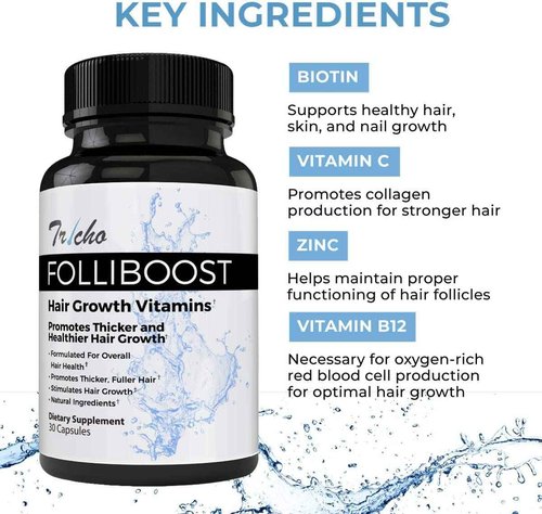 Folliboost Tricho Hair Growth Vitamins - Biotin, Vitamin C, Zinc & Vitamin B12 - Hair Care Capsules for Thicker, Fuller & Healthier Hair - 3 Pack