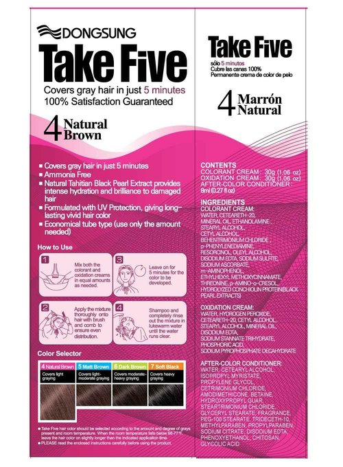 Dongsung Take 5 Hair Dye No. 4 Natural Brown Covers Gray Hair in Just 5 Minutes Without Any Foul Odor! Designed to Improve Damaged Hair (Pack of 12)