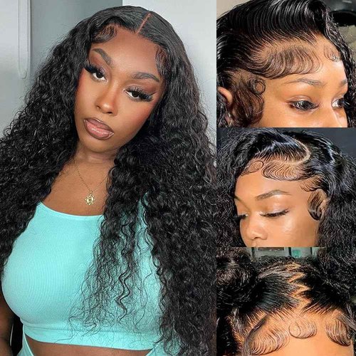 Juvid 13x6 Lace Front Wigs Human Hair HD Transparent Deep Wave Curly Human Hair Wig 180% Density Baby Hair Natural Black Glueless Wig 18inch Baby Hair Wet and Wavy for Black Women Pre Plucked Hairline