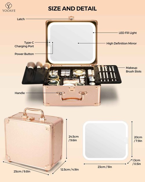 Yooaye Makeup Box with Detachable Lighted Mirror–Travel Train Case, Cosmetic/Storage Organizer & Makeup Suitcase with Adjustable Dividers & Magnetic LED Mirror (Rose Gold)