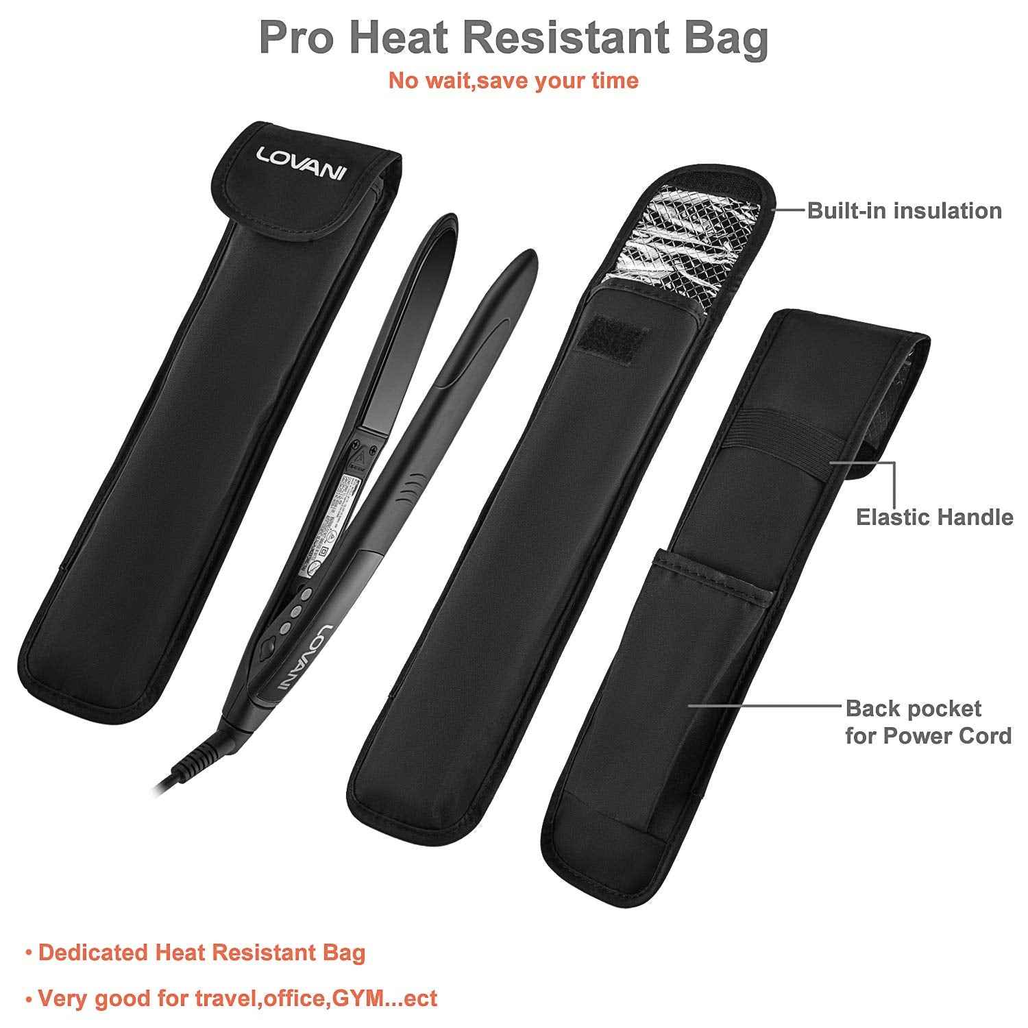 LOVANI Titanium Flat Iron, 450F High Heat Hair Straightener with Digital LCD, Dual Voltage, Auto Shut Off, Heat Resistant Bag, Glove and 2 Hair Clips (7 Piece Set), Black