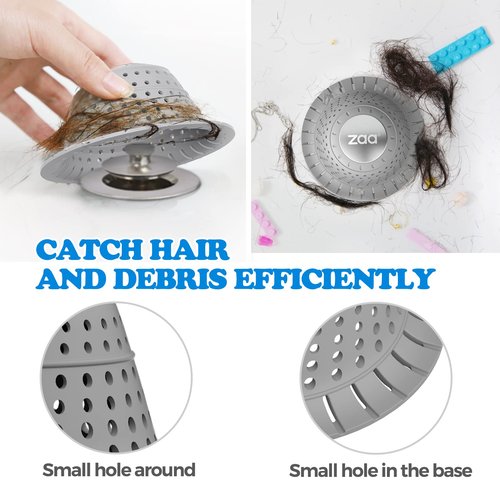 zaa Bathtub Drain Hair Catcher, Premium Silicone Shower Hair Catcher, 1Pack Collapsible Hair Stopper for Pop Up and Regular Drains of Shower, Bathtub, Bathroom, Sink, Shower Parts, Gray