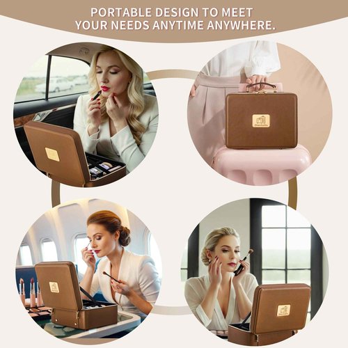 Gdsshuhung Makeup Bag with LED Mirror & Magnifier, Large Cosmetic Organizer Travel Makeup Case with Adjustable Brightness & 6 Detachable Dividers, Portable Makeup Storage for Women Girls (Brown)