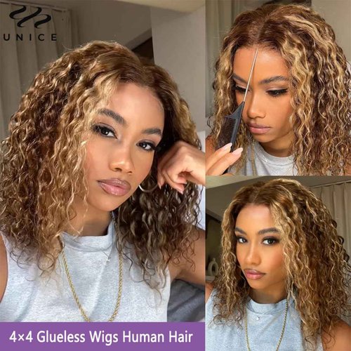 RUI MEI SI Glueless Wigs Human Hair Pre Plucked Pre Cut 4/27 Highlight Ombre Honey Blonde Curly Wigs Human Hair for Beginners 4x4 Deep Wave Lace Closure Glueless Wigs for Black Women 18 Inch