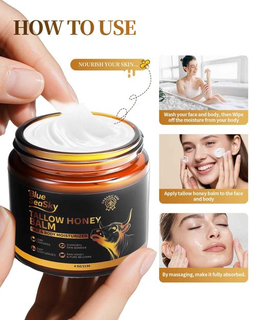Upgraded Beef Tallow for Skin Handmade Whipped Organic Grass-Fed Tallow Balm with Raw Wild Honey for Eczema & Rosacea,Non-Comedogenic Face,Body Moisturizer for Dry, Sensitive Skin - 4oz Unscented