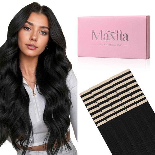 MAXITA Tape in Hair Extensions Human Hair 1B Natural Black 18 Inch 100g 40pcs Thick Ends Remy Human Hair Seamless Straight Hair Extensions Invisible Tape in Extensions Human Hair