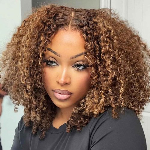 Punmasa 14 Inch Bob Wig Human Hair Highlight Ombre 13x6 lace front wig human hair 200% Density Real Human Hair Pre Plucked Deep Curly Short Bob Wigs for Women 4/27