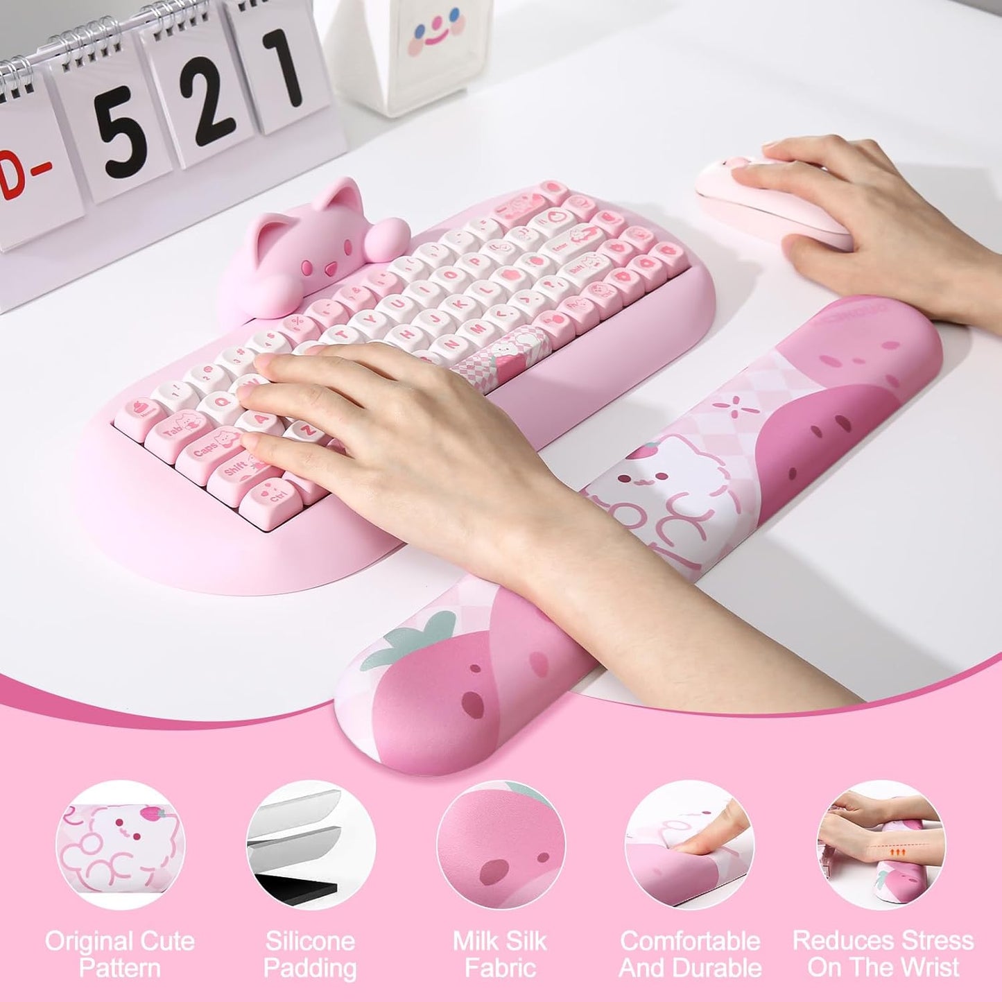 YUNZII X75 Mechanical Keyboard(Kailh Jellyfish Switch, Wired-White), Keyboard Wrist Rest (Pink)