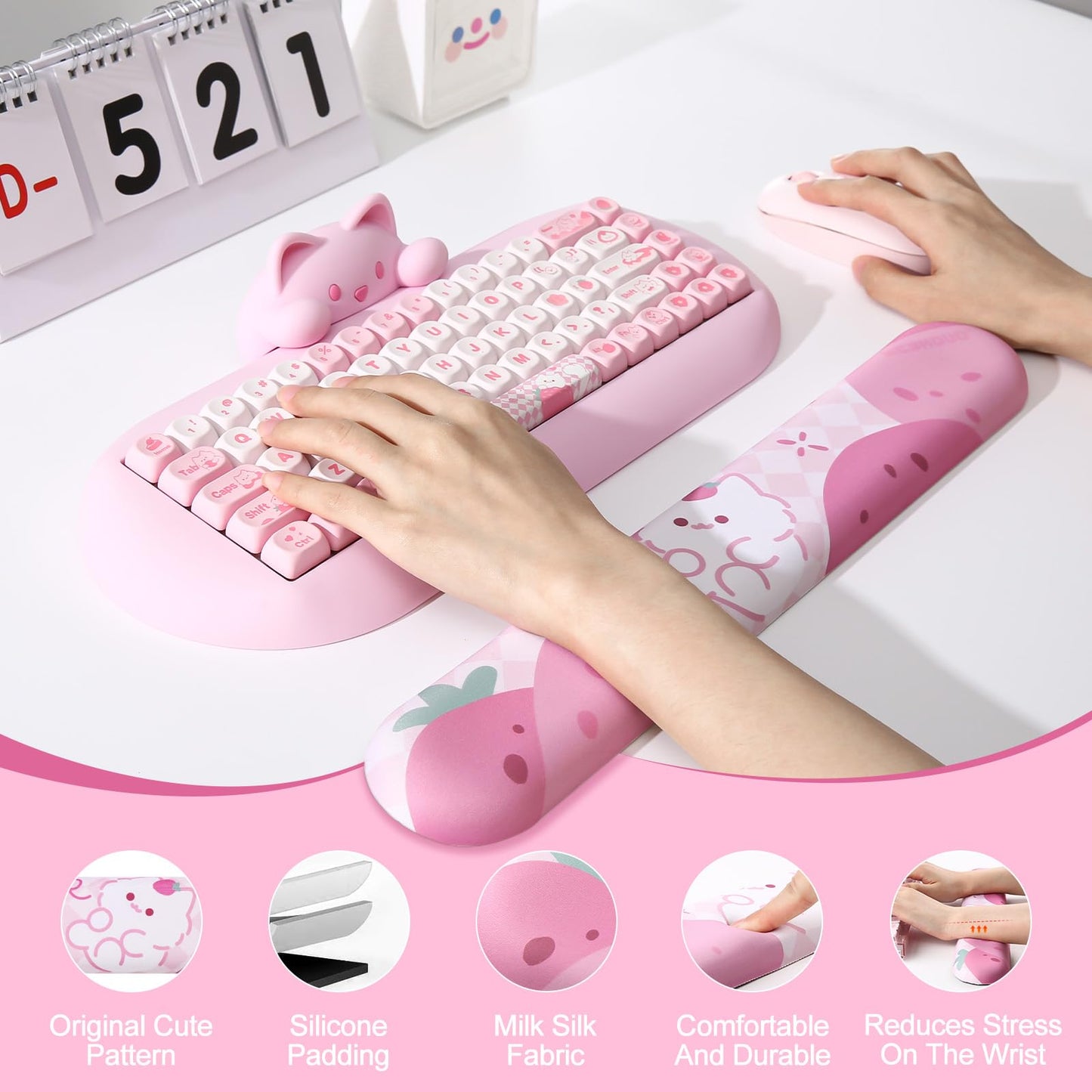 YUNZII AL75 75% Gaming Keyboard(Blue Grey Switch,Silver) Keyboard Wrist Rest (Pink)