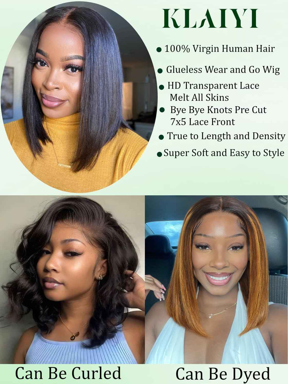 KLAIYI Bob Wig Human Hair Bye Bye Knots Glueless Wear and Go Wig with Drawstring Pre Cut 7x5 Lace Front Pre Plucked Bleached Short Straight Put on Go Beginner Wigs 3S Ready to Go Pre Everything 10Inch