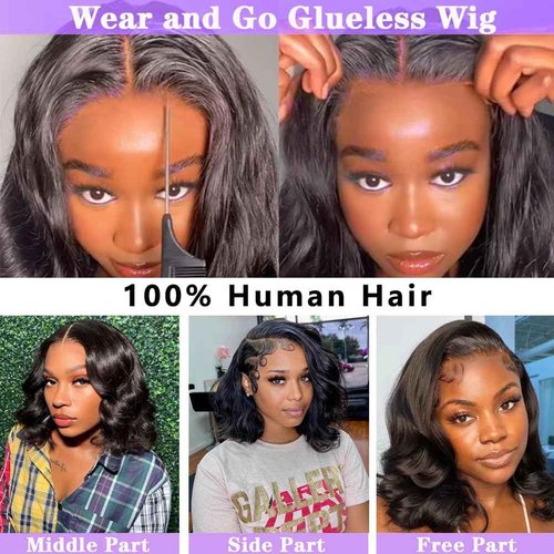 Wear and Go Glueless Wigs Human Hair Pre Plucked Pre Cut Body Wave Bob Wig for Black Women 4x4 Lace Closure Glueless Wigs Black Wig Bleached Knots 180% Density 12 Inch
