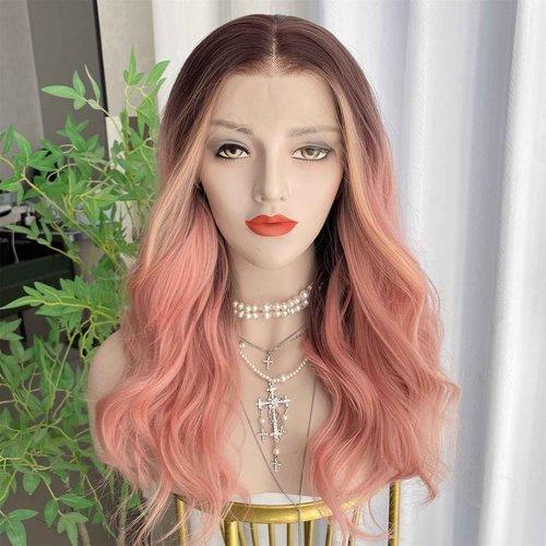 VASTCURY Rose Pink Wigs Highlight Orange Ombre Color 13x4 Synthetic Fiber Lace Front Wig Body Wave 18Inch Pre Plucked Hairline for Women