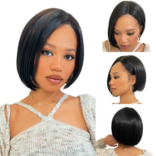 LINEASTORIA Exotic Bob Wig for Black Women - Snug Fit Cap, Handcrafted Airy Bangs, Seamless Lace Front, Asymmetrical, Rounded Nape, Glueless, Hypoallergenic, Heat Resistant (Natural Black)